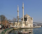 Ortakoy Square seaside with Ortakoy Mosque and Bosphorus Bridge